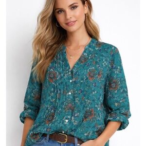 Ruby Rd. Teal Floral Button-Down Shirt - Size XL